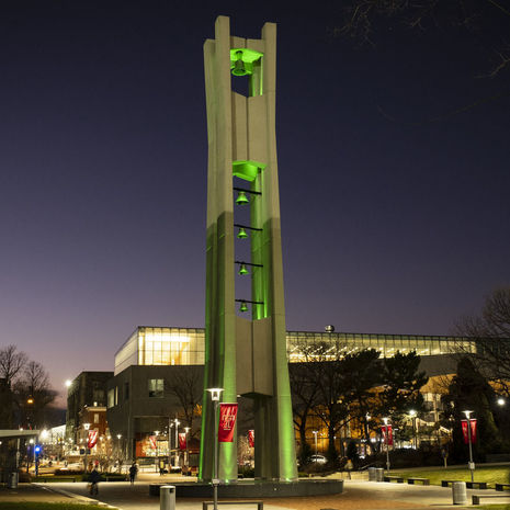 Bell Tower lit green pictured.