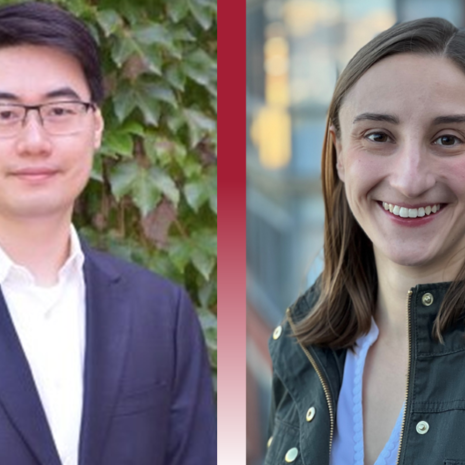 image of economics faculty Long Hong and Gretchen Sileo on a red and white background