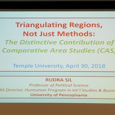 University of Pennsylvania Professor Rudra Sil gives College of Liberal Arts political science students and faculty a presentation on comparative area studies