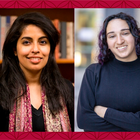 image of Aunshul wearing a black blazer and print scarf smiling at the camera on the left and on. the right Rachel is standing wearing a black turtleenck with her arms crossed smiling at the camera