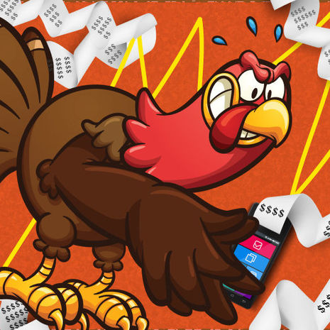 a cartoon turkey with store receipts