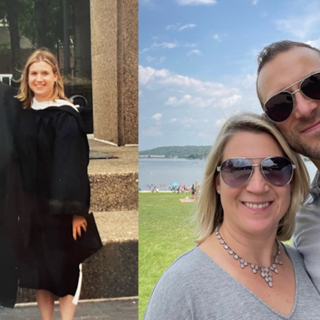 image of Janelle and Scott in their graduation gowns and years later in another picture wearing sunglasses and grey tee shirts