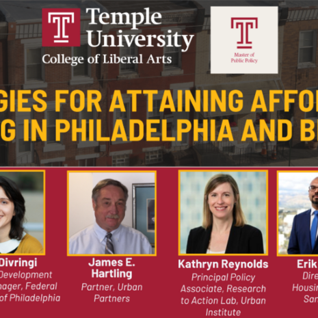 image of panel of speakers on a red slide with the Temple logo
