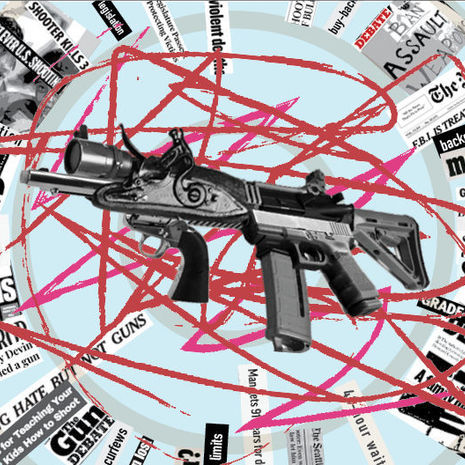 A graphic image of a gun with headliens about gun violence surrounding it. 
