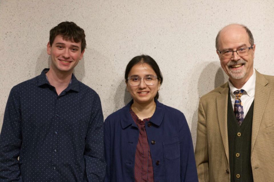 ODE advisor Dimitrios Diamantaras with Vice President Brandon Miskanic and President Zainab Malik 