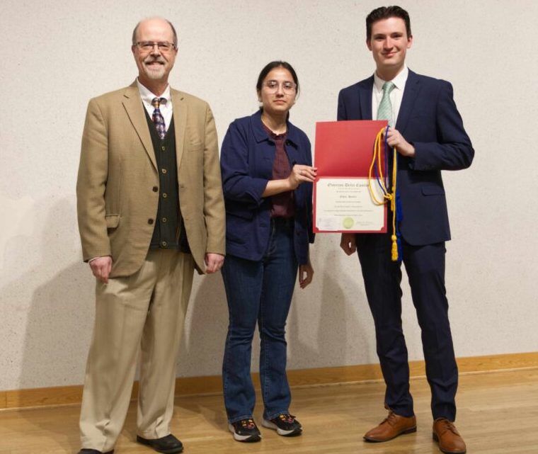 Professor Diamantaras and ODE President Zainab Malik with new initiate Owen Hurley.