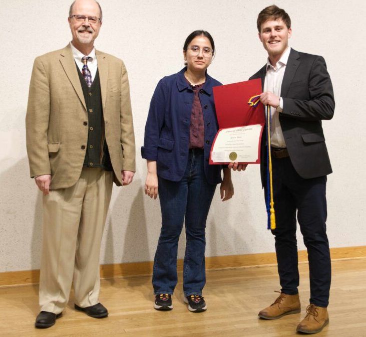 Professor Diamantaras and ODE President Zainab Malik with new initiate Patrick Darcy