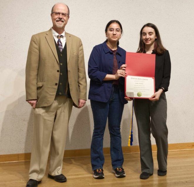 Professor Diamantaras and ODE President Zainab Malik with new initiate Rachel Brodsky