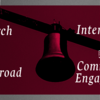 image of the words Research, Community Engaged Learning, Internships and Study Abroad Opportunities in white over a black and red background with the bell tower in the back
