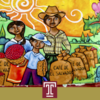 artistic image of Latin American family satnding on a farm
