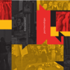 collage image of community engagement events over gold, black and red graphics