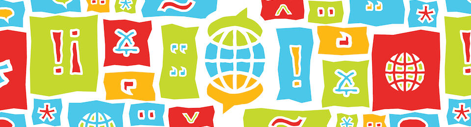 colorful mosaic image of punctuation and globes 