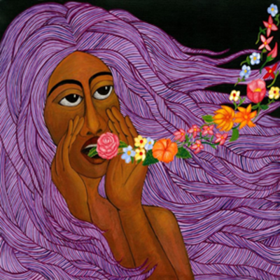 image of a woman with purple hair with orange flowers flowing from her mouth