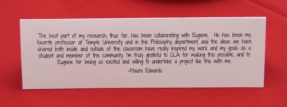 image of a student testimonial on a table tent for the 2022 LAURA ceremony