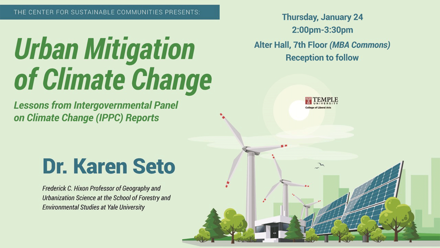 Flyer reads "Urban Mitigation of Climate Change", a talk by Dr. Karen Seto 
