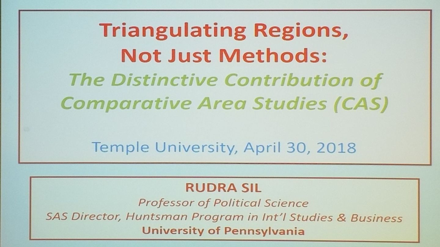 University of Pennsylvania Professor Rudra Sil gives College of Liberal Arts political science students and faculty a presentation on comparative area studies