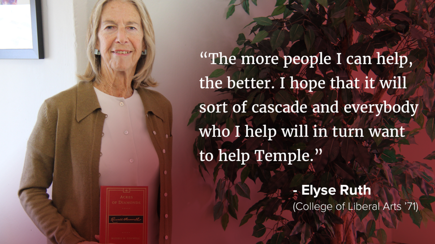 CLA alumna Elyse Ruth and image text: "The more people I can help, the better. I hope that it will sort of cascade and everybody who I help will in turn want to help Temple"