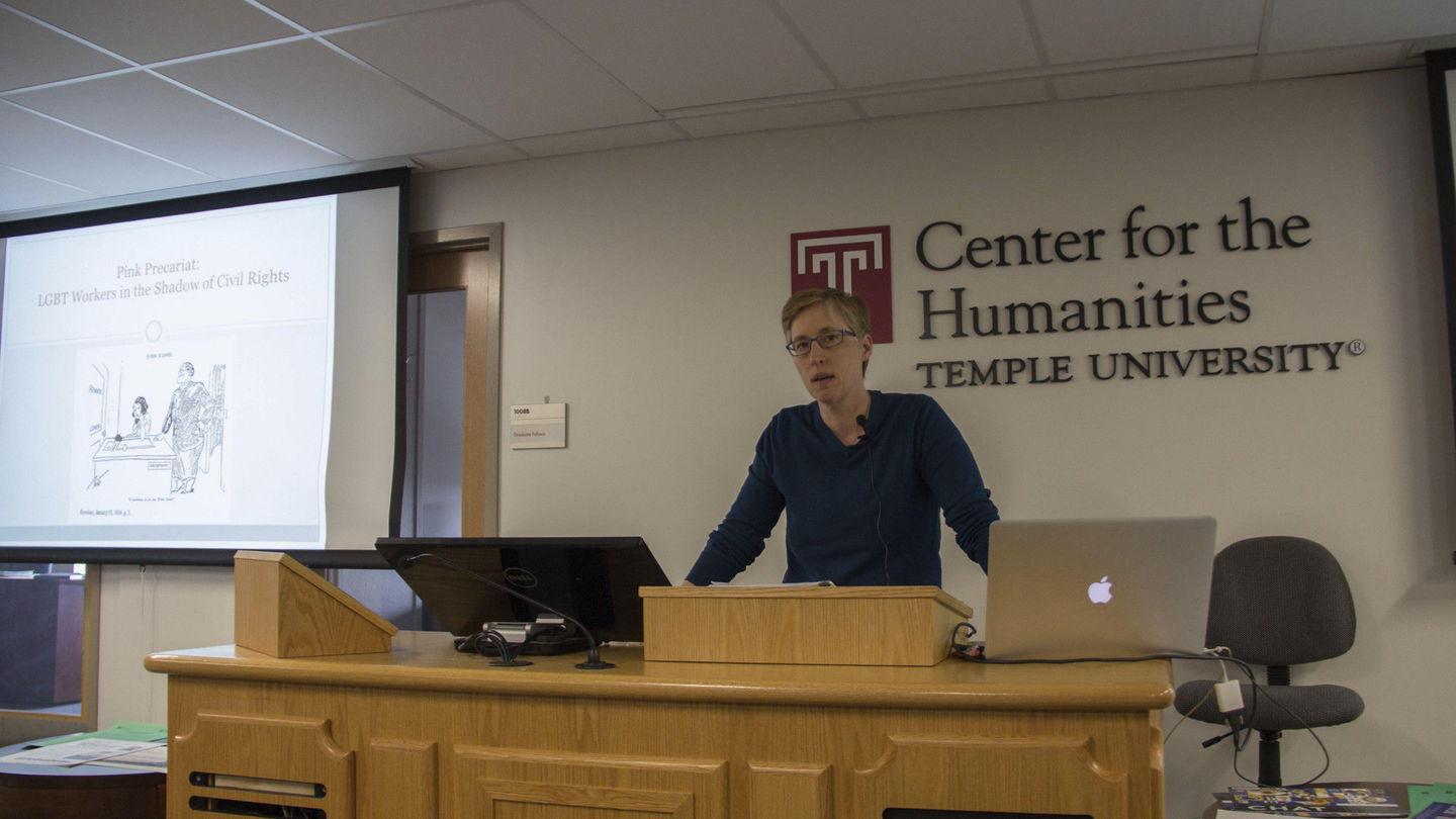 Author and Princeton Professor Margot Canaday speaks to a gathering in Gladfelter Hall's CHAT Lounge