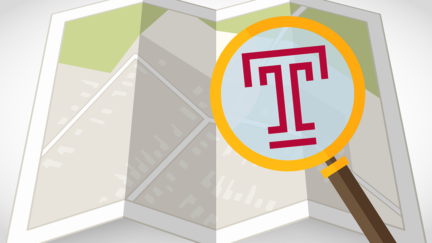 A map with the Temple University "T" magnified