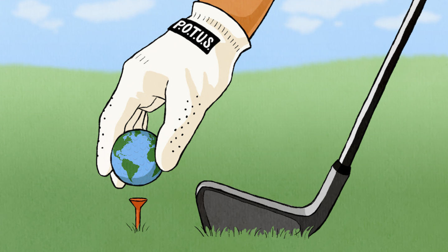 POTUS as a golf glove placing an Earth golf ball on a tee