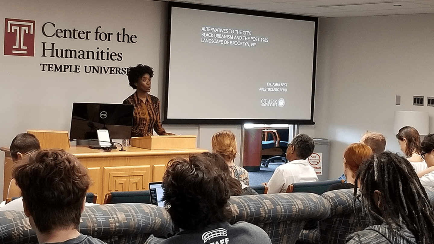 Clark University Professor Asha Best speaks at Temple University's Gladfelter Hall