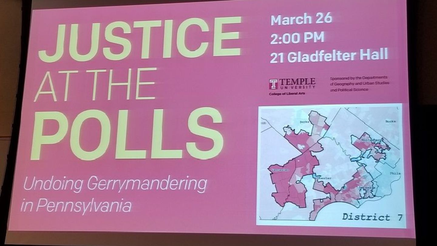 Image text: Justice at the Polls, undoing Gerrymandering in Pennsylvania
