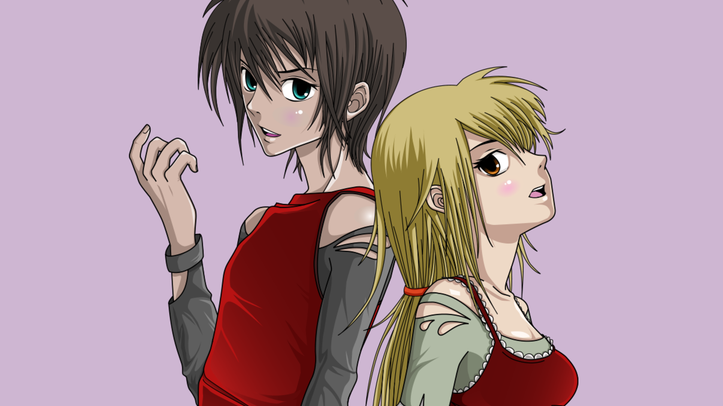Two shōjo manga characters in red clothing stand back-to-back against a pink background