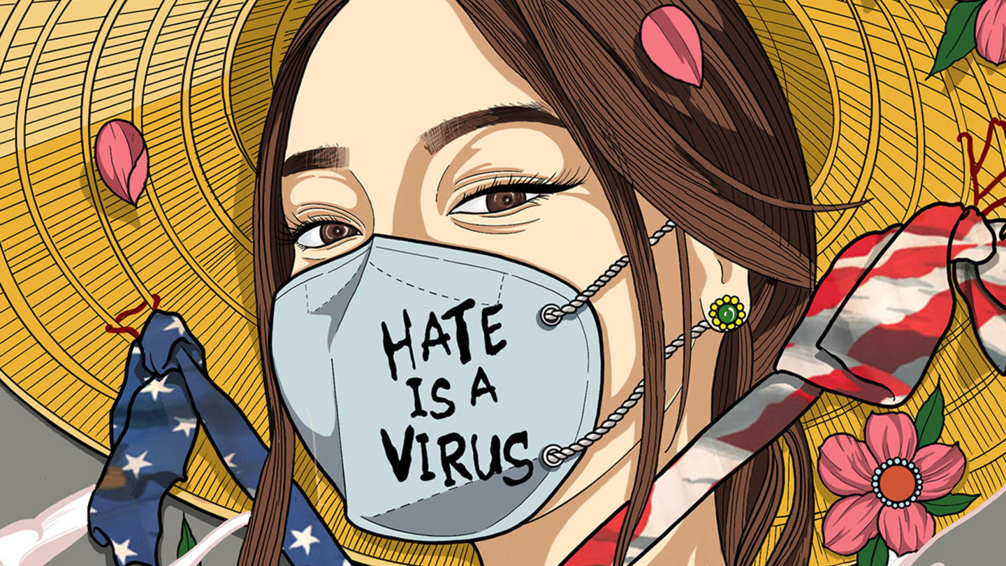 Illustration of a woman wearing a face mask that reads "hate is a virus"