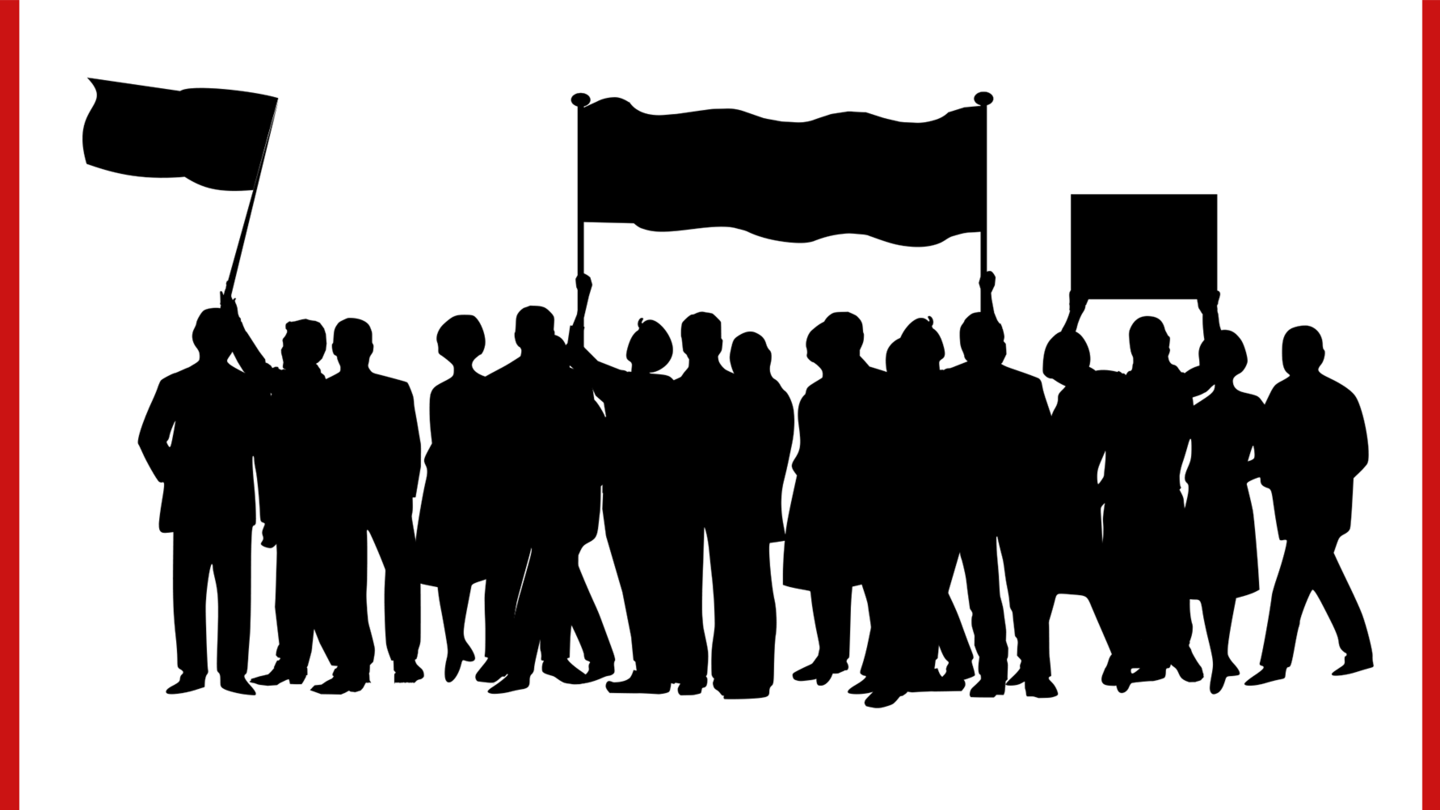 solid image of students in black and white holding flags