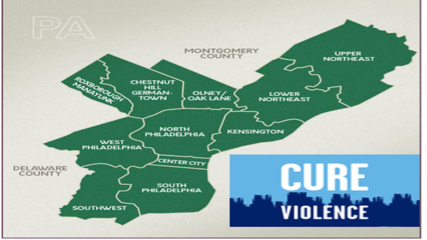 image of PA counties in green and a Cure Violence logo in blue