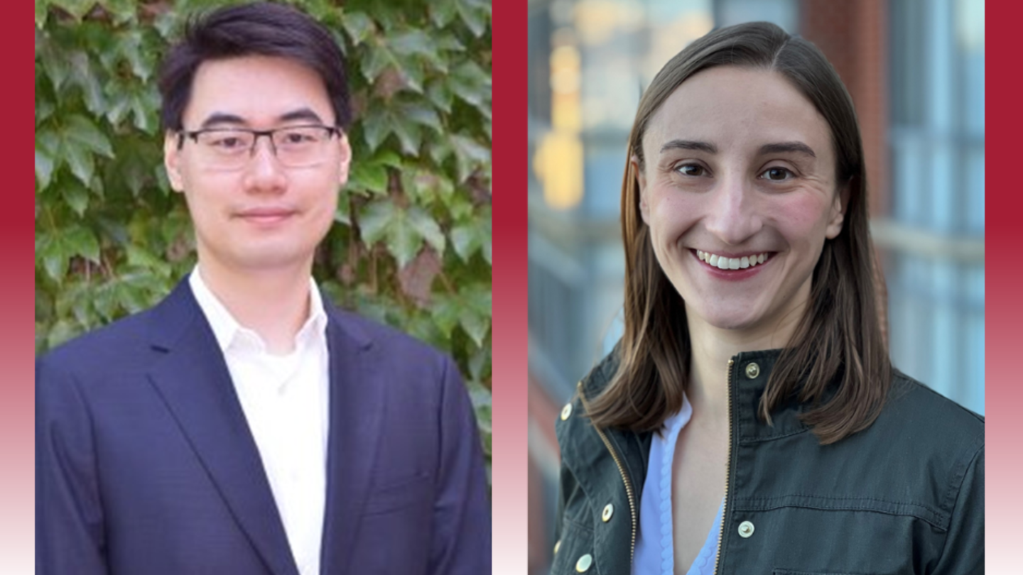 image of economics faculty Long Hong and Gretchen Sileo on a red and white background