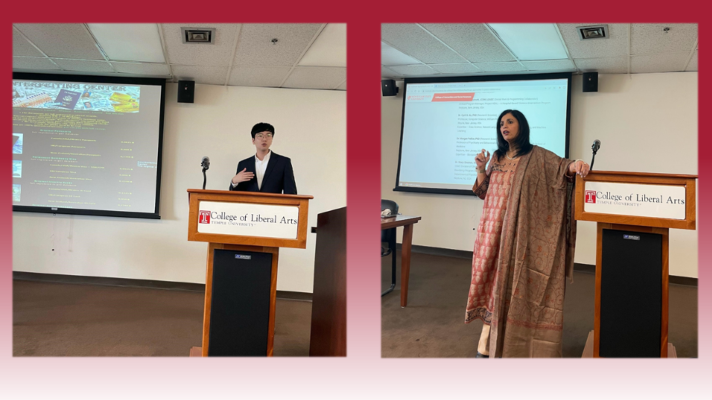 Dr. Jin Lee from George Mason University and Dr. Sheetal Ranjan from Montclair State University image of Dr. Jin Lee and Dr Sheetal Ranjan presenting in front of a podium