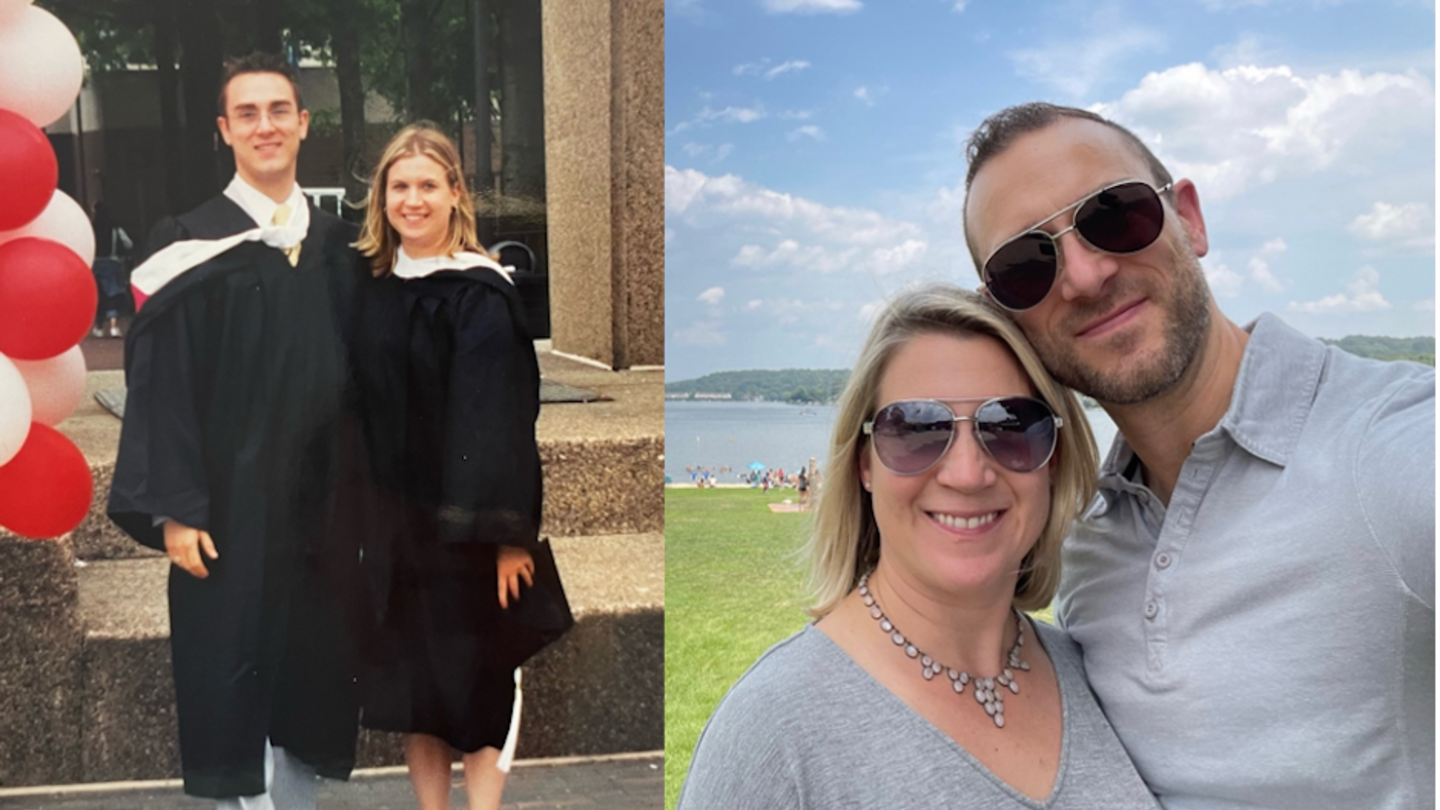 image of Janelle and Scott in their graduation gowns and years later in another picture wearing sunglasses and grey tee shirts