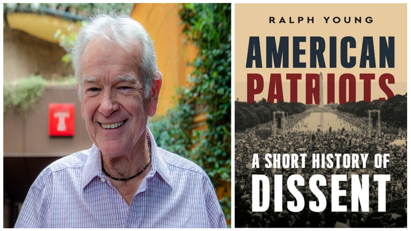 image of Ralph in a blue button down shirt and an image of his book cover American Patriots