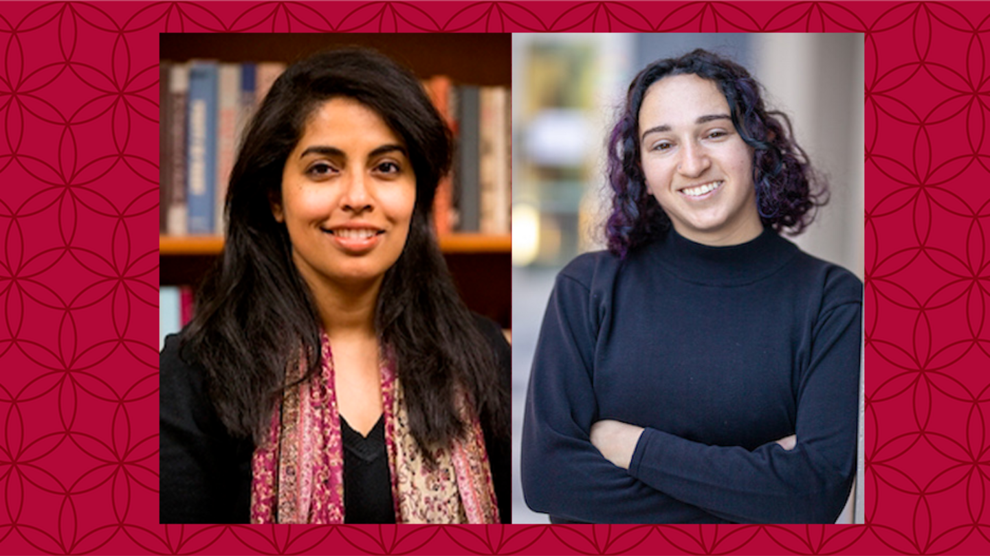 (L) Dr. Aunshul Rege and (R) PhD student Rachel Bleiman image of Aunshul wearing a black blazer and print scarf smiling at the camera on the left and on. the right Rachel is standing wearing a black turtleenck with her arms crossed smiling at the camera